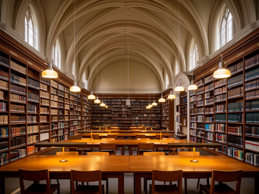 Spacious institutional library interior with high vaulted ceilings, rows of wooden reading tables under warm pendant lights, and tall shelves of reference volumes lining the walls