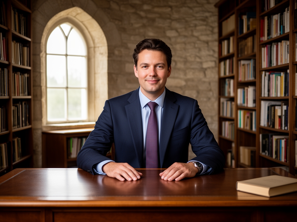 Interior of a quiet reading room with tall bookshelves lining stone walls, a single arched window letting in natural daylight, and a wooden writing desk in the foreground
