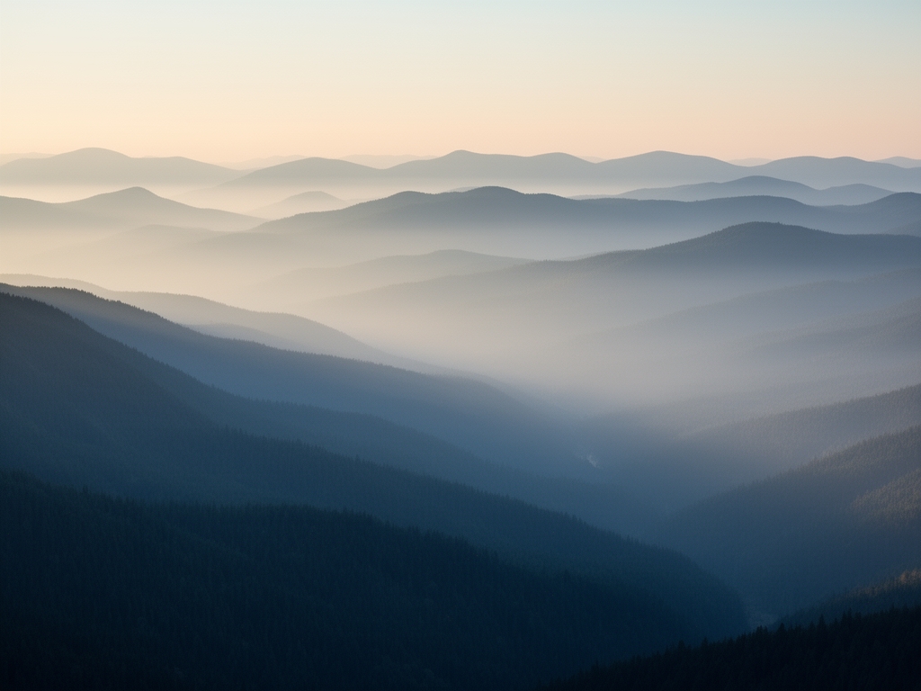 Expansive misty mountain landscape at dawn with layered ridges receding into soft morning light, conveying depth and contemplative stillness