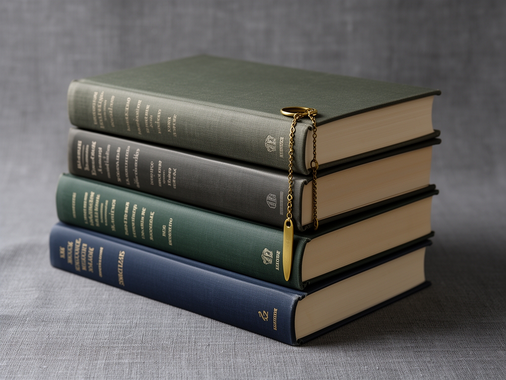 Stack of academic hardcover books with a brass bookmark, photographed against a muted grey linen background in soft diffused light