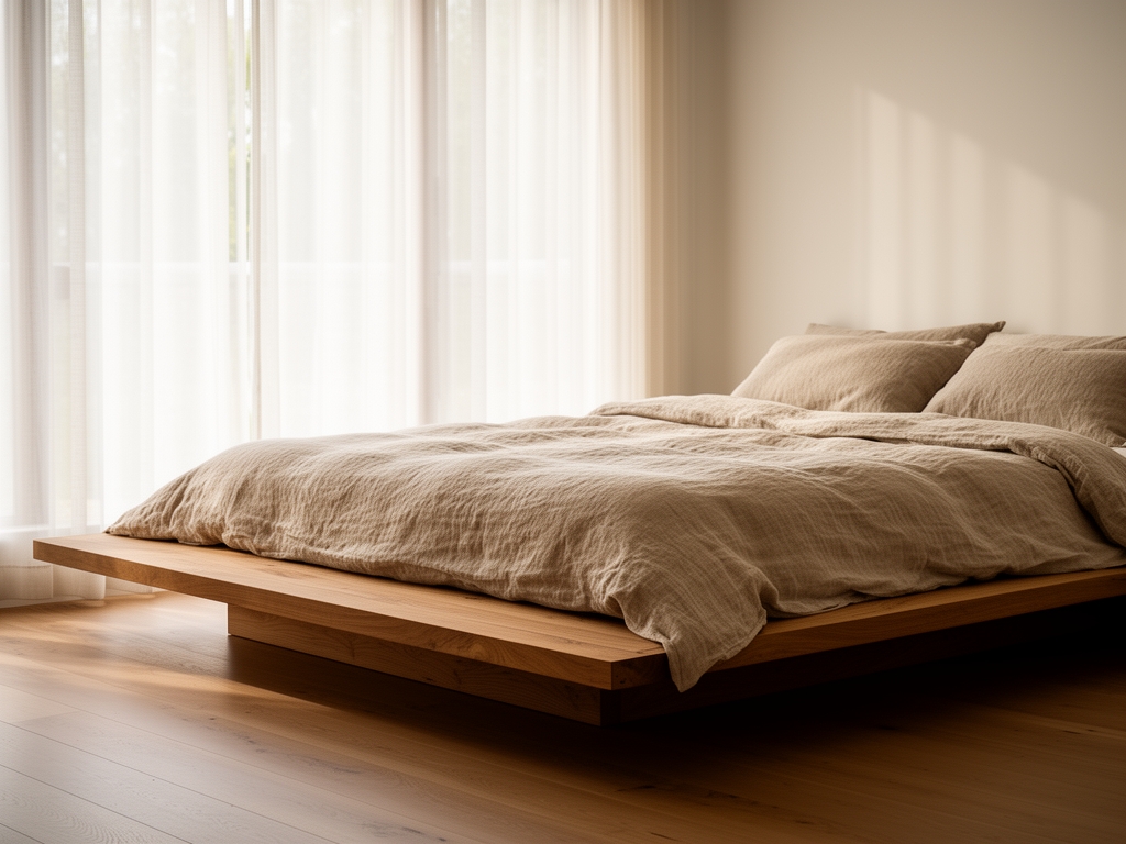Tranquil interior scene featuring a low wooden platform bed with natural linen bedding near a large window with soft morning light filtering through sheer curtains